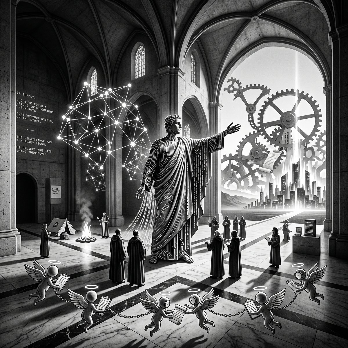 Abstract visualization of interconnected AI agents processing enterprise workflows across a digital network