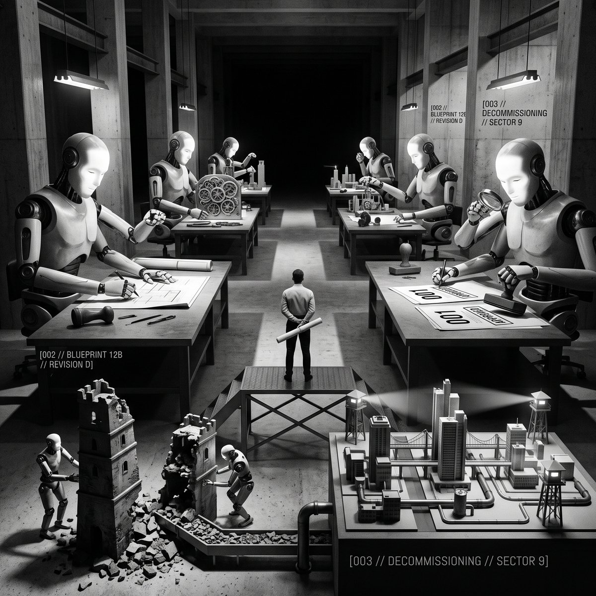 Abstract visualization of AI agents collaborating across an enterprise software development pipeline with human oversight nodes