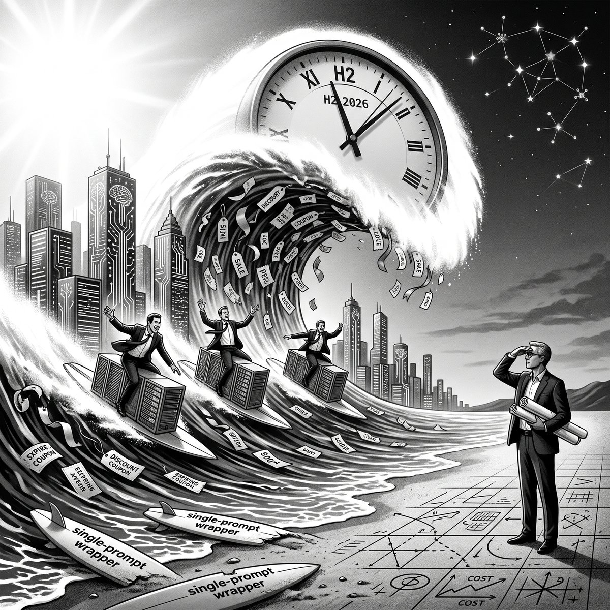 A graph line reaching a sharp cliff edge, symbolizing the end of AI subsidies and the cost wall facing enterprise agentic AI deployments in 2026