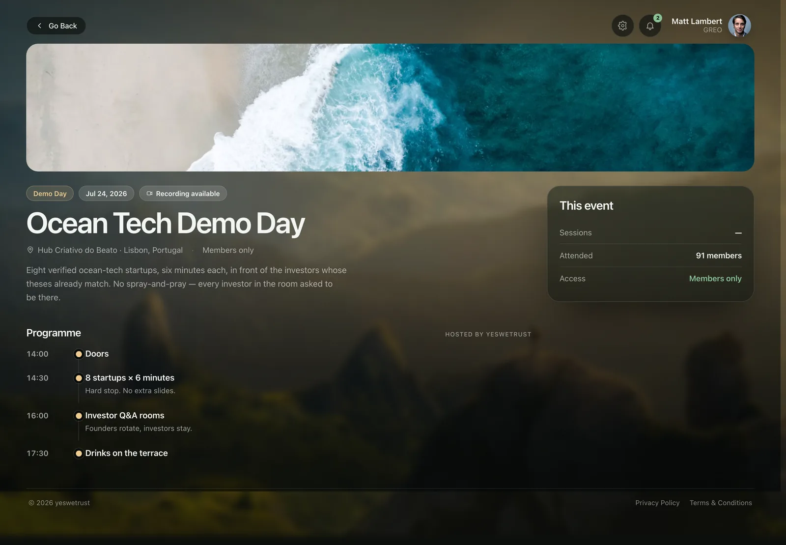 An event page: a cover photo of the sea, the title Ocean Tech Demo Day, date, venue in Lisbon, members-only access, a description and a programme with times